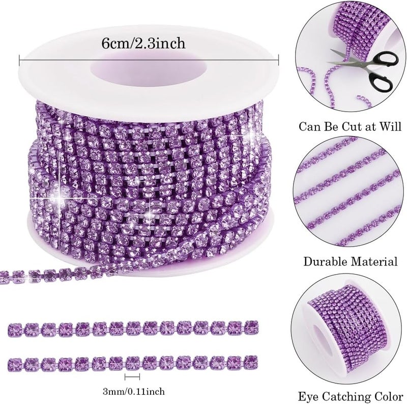 Slergut Rhinestone Chain, 10Yard 3mm Purple Rhinestone Trim, Diamond String Rhinestone Ribbon Strips Tape, Bling Crystal Rhinestone Close Chain Claw Cup Chain Trim for Sewing Craft DIY Clothes Shoes Jewelry - Image 2